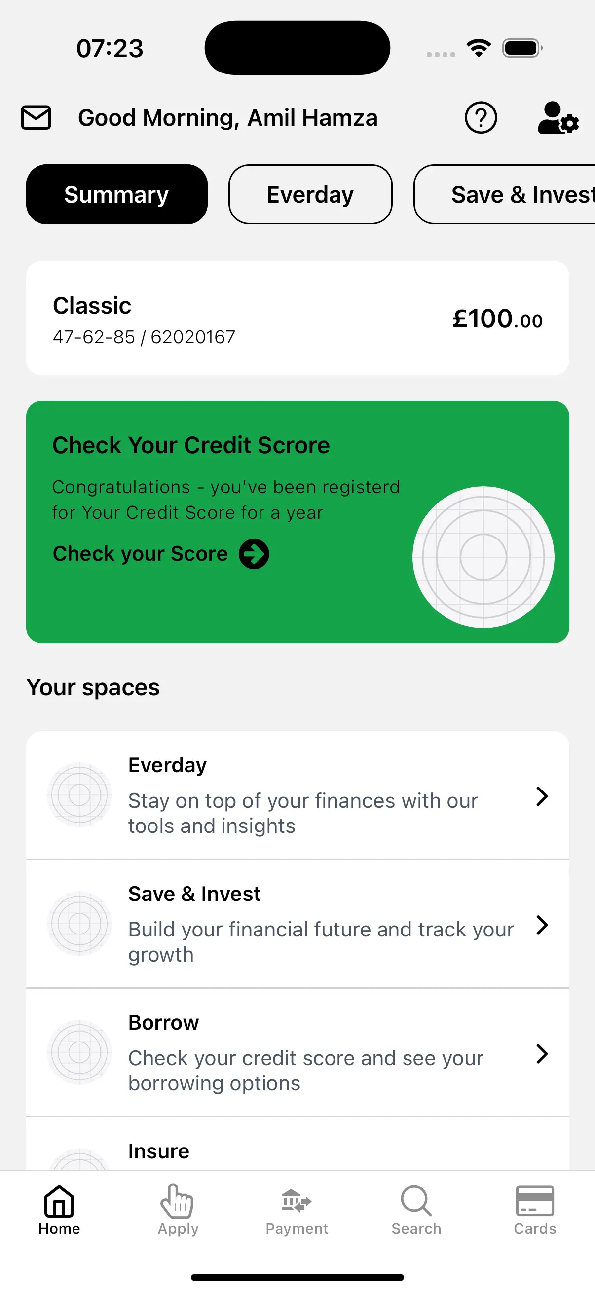 Home Summary screen