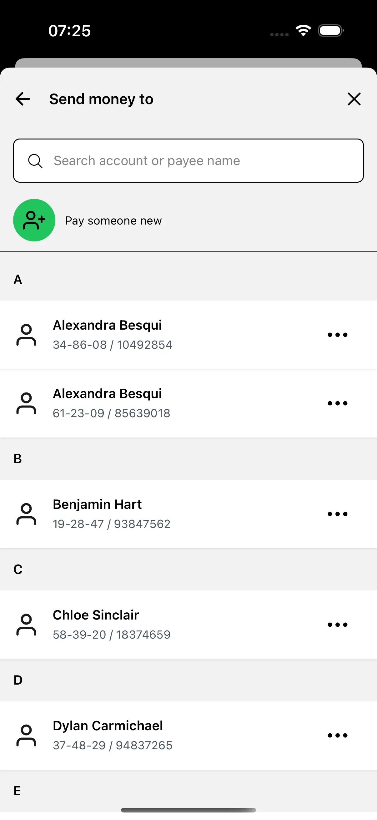 Selecting Payee screen